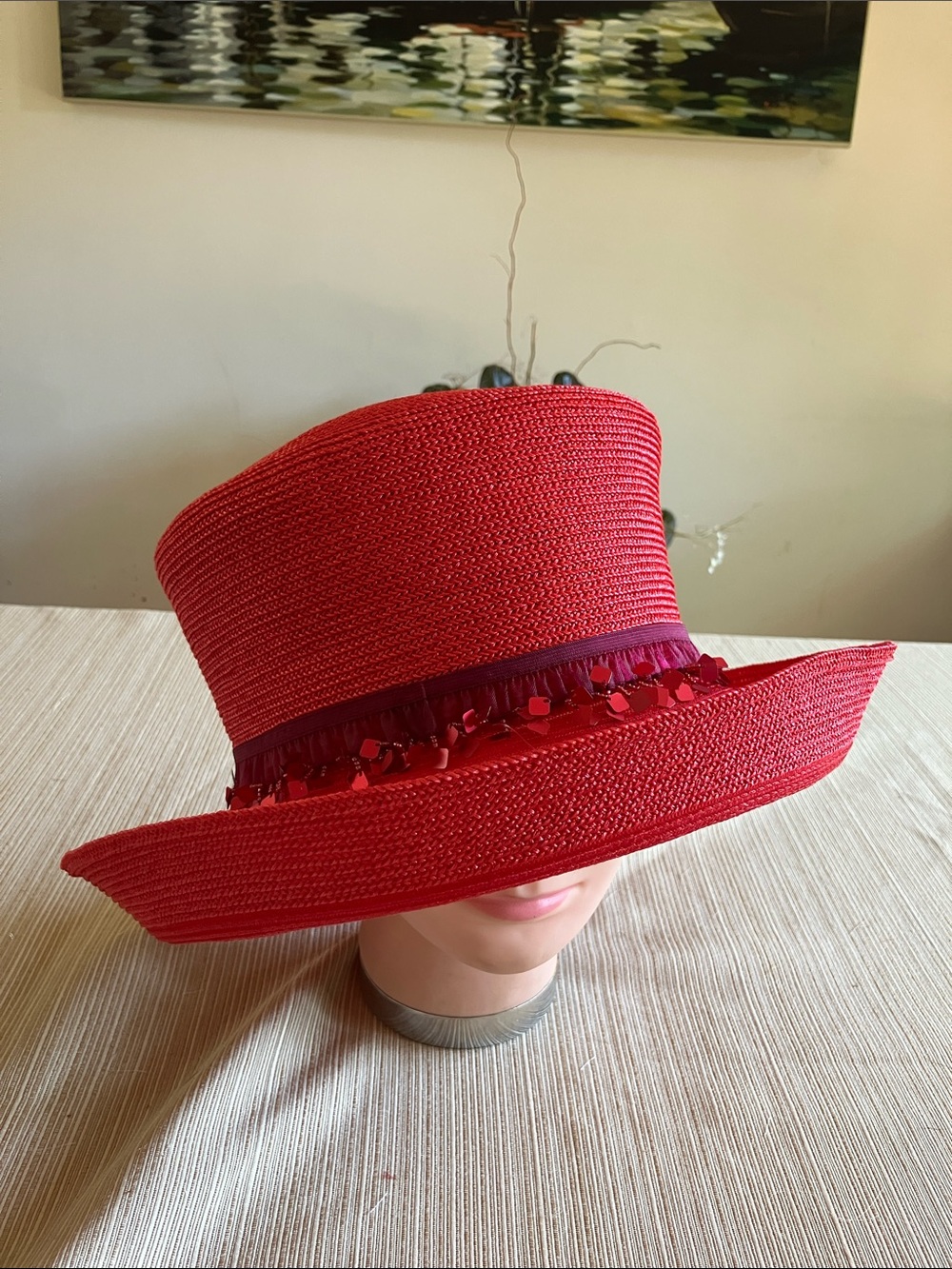 Red Straw Wide-Brim Hat with Decorative Red Sequined Squared Band 🟥